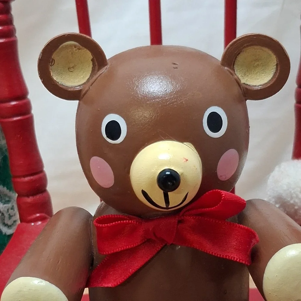 Vintage Teddy Bear Rocking Chair Musical Christmas Decor Red OS Good Pre-owned
